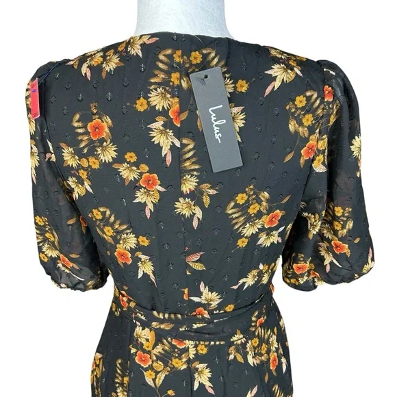 NEW Lulus Black Floral Wrap Dress S Autumnal Coquette Feminine Flirty Romantic - Picture 9 of 15